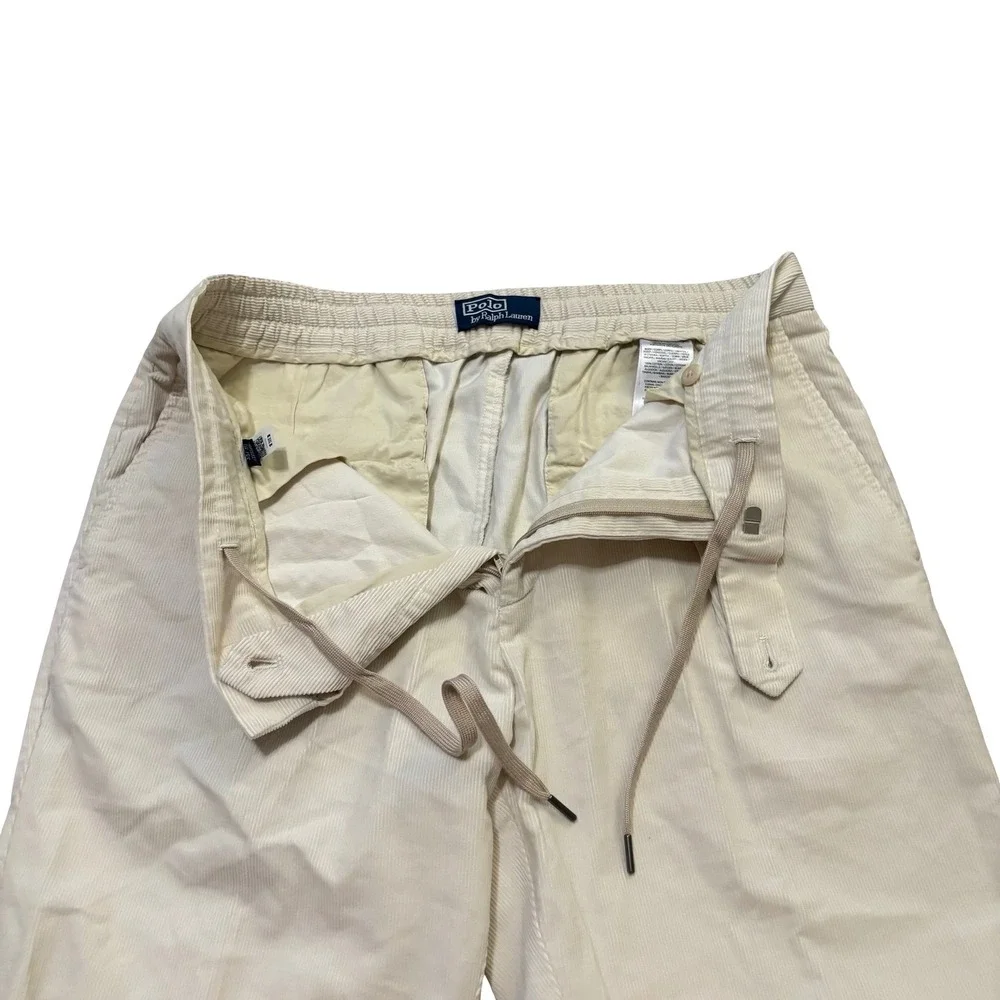 Polo Ralph Lauren Mens Cream Corduroy Pleated Pants 35x30 Straight Leg Portugal